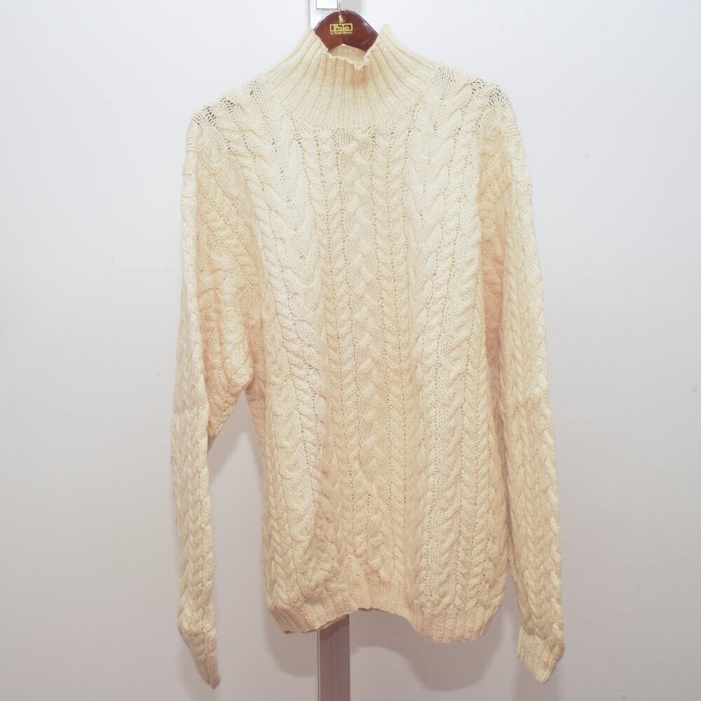 POLO by RALPH LAUREN Vtg Alpaca/Wool Cream Cable Knit Fisherman T-Neck Sweater